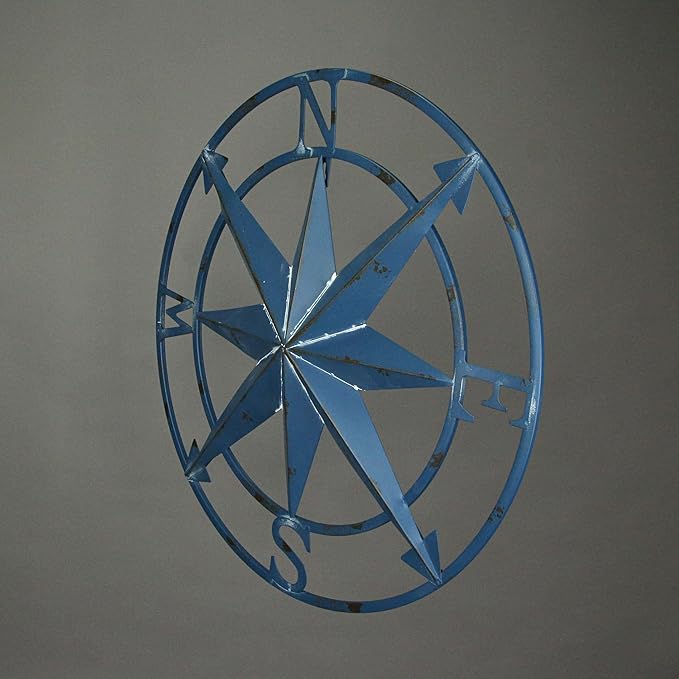 Distressed Blue Metal Compass Rose Wall Decor - Indoor/Outdoor Hanging Art - 20 Inches in Diameter - Easy Install - Coastal Elegance and Nautical Charm