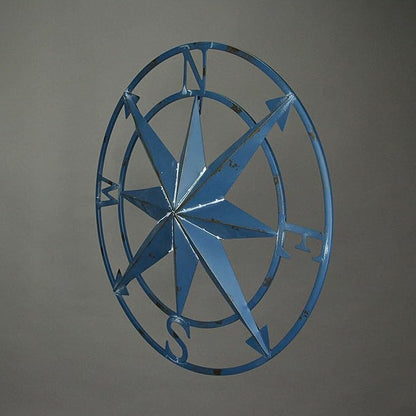 Distressed Blue Metal Compass Rose Wall Decor - Indoor/Outdoor Hanging Art - 20 Inches in Diameter - Easy Install - Coastal Elegance and Nautical Charm