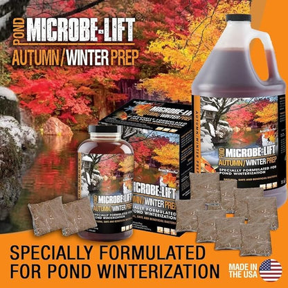 MICROBE-LIFT Autumn and Winter Prep Seasonal Conditioner for Ponds and Outdoor Water Gardens, Safe for Live Koi Fish, Plants, and Décor, 1 Gallon Liquid and 8 2-Ounce Packets