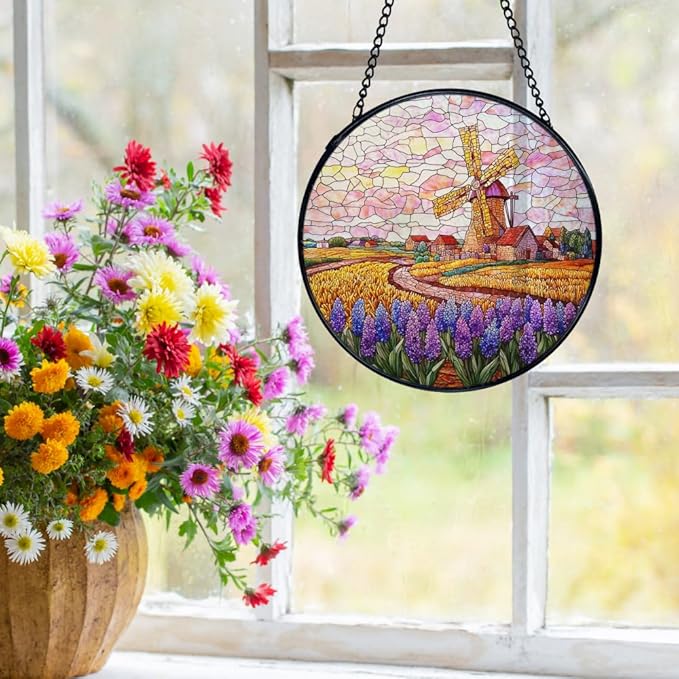 Wildflower Windmill Landscape Suncatchers Stained Glass Window Hanging, Cottagecore Flower Sun Catchers Indoor Window Glass Round Wall Decor, Floral Wall Hanging Decorations, 7.9x7.9in