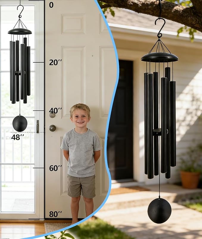 48 Inch Memorial Wind Chimes Outdoor, Large Deep Tone with 6 Heavy Aluminum Tubes, Hand-Tuned Sympathy Gift for Loss of Loved One, Garden Hanging Decor for Yard, Black (48")
