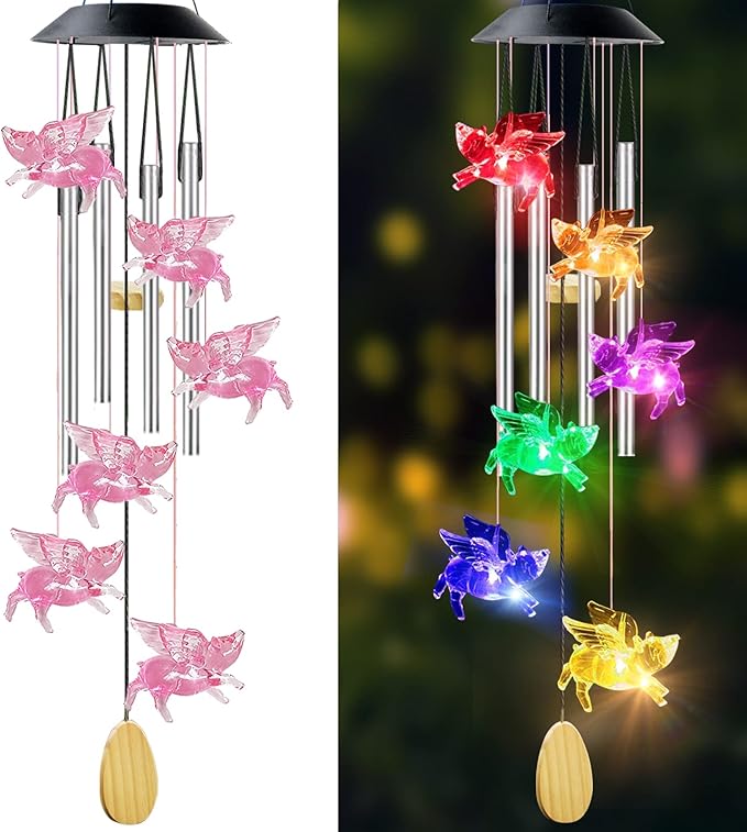 Pig Solar Wind Chimes with 4 Music Aluminum Tubes, 7 Colors Changing Outdoor Waterproof Flying Pig LED Wind Bell, Patio Garden Yard Decor(Mom, Women, Gardening Gifts)