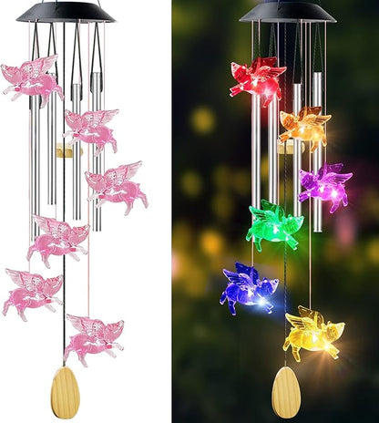 Pig Solar Wind Chimes with 4 Music Aluminum Tubes, 7 Colors Changing Outdoor Waterproof Flying Pig LED Wind Bell, Patio Garden Yard Decor(Mom, Women, Gardening Gifts)