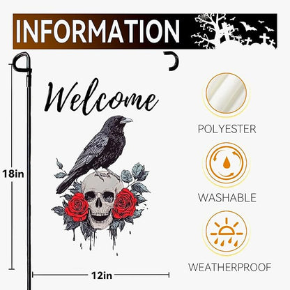 Halloween Welcome Garden Flag Skull Floral Rose Crow Double Sided Vertical Yard Flag Day Of The Dead Bird Rest Bird Floral House Flags 12 x 18 Inches Holiday Villa Outdoor Decorative