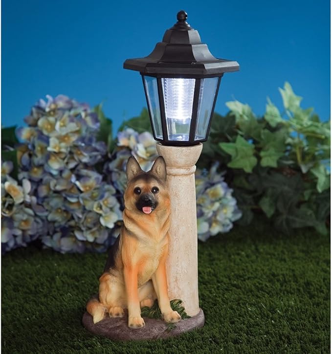 Bits and Pieces - Solar Dog Lantern-Solar Powered Garden Lantern - Resin Dog Sculpture with LED Light (Shepherd) - 13.5"