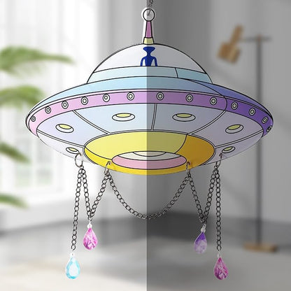 Colorful UFO Hanging Decoration with Chain & Bead Alien UFO Hanging Sun Catcher Ornament for Home Garden Christmas UFO Party Gift