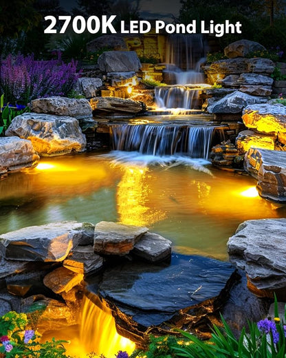6W LED Pond Light, 2700K SS316 Stainless Steel Underwater Fountain Light with 15FT Cord, IP68 Waterproof Pond Lights LED Underwater for Outdoor Pond Waterfall Fountain Water Feature (2 Pack)