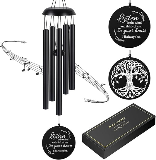 Sympathy Wind Chimes for Loss of Loved One, Memorial Windchimes for Lost Father Mother, Remembrance Bereavement Gift with Card, in Memory of Dad Mom Metal Funeral Decor for Garden Outdoor (39“ Black)