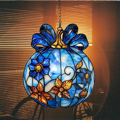 Blue Floral Pumpkin Acrylic Suncatcher Stained Glass Effect Window Car Hanging Christmas Ornament Indoor Outdoor Decor Garden Sun Catcher Panel for Halloween Lover for Women Mom Grandma
