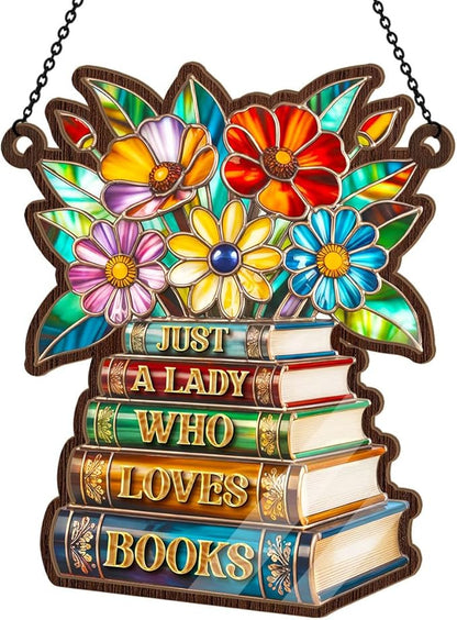 Jesuspirit - Window Hanging Suncatcher – Crystal Clear Acrylic & Wood Sun Catcher for Home Decor, for Women (Just A Lady Who Loves Books, 8 Inches)