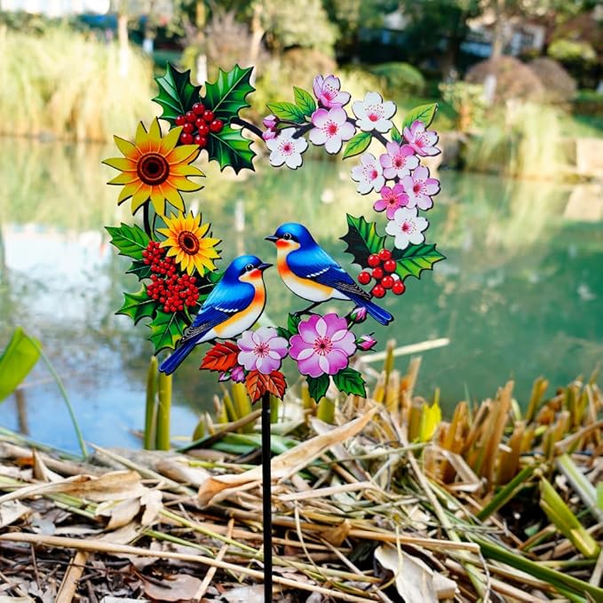 Garden Stakes Metal Bluebird - Heart Shaped Pair of Blue Birds with Flowers Colorful Yard Decor, Outdoor Lawn Ornament (Bluebird Couple)