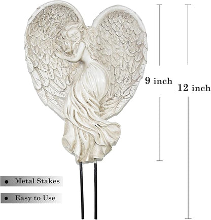 Angel Garden Statue for Outdoor Sleeping Angel with Wings Fairy Memorial Guardian Love Angels with Stake for Outside Yard Art Grave Cemetery Patio Balcony Lawn, White