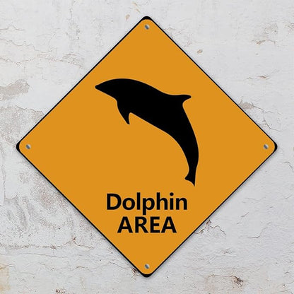 Warning Dolphin Area Metal Tin Sign Ocean Animal Caution Crossing Xing Street Sign Yellow Diamond Shape Funny Metal Sign For Indoor Outdoor Highway10x10in