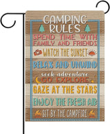 Dyrenson Camping Rules Decorative Garden Flag, Rustic Camper Outdoor Adventure Yard Home Decoration, Farmhouse Campsite Burlap Outside Small Decor Double Sided 12 x 18