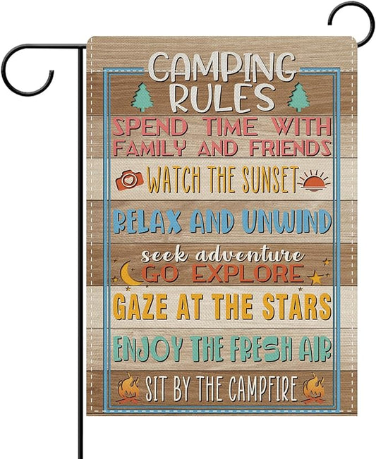 Dyrenson Camping Rules Decorative Garden Flag, Rustic Camper Outdoor Adventure Yard Home Decoration, Farmhouse Campsite Burlap Outside Small Decor Double Sided 12 x 18