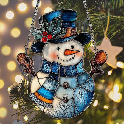 Snowman Cute Mistletoe Winter Scarf Acrylic Suncatcher Stained Glass Effect Window Car Hanging Christmas Ornament Indoor Outdoor Decor Garden Sun Catcher Panel for Women Mom Grandma