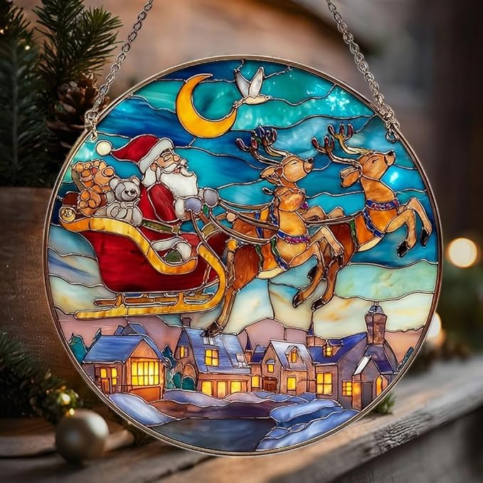 Santa Sleigh Christmas Mosaic Effect Acrylic Suncatcher Stained Glass Effect Window Car Hanging Christmas Ornament Indoor Outdoor Decor Garden Sun Catcher Panel for Women Mom Grandma