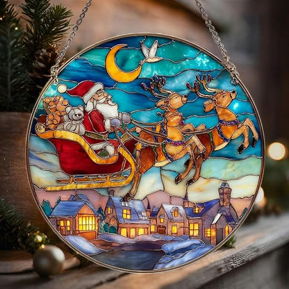 Santa Sleigh Christmas Mosaic Effect Acrylic Suncatcher Stained Glass Effect Window Car Hanging Christmas Ornament Indoor Outdoor Decor Garden Sun Catcher Panel for Women Mom Grandma