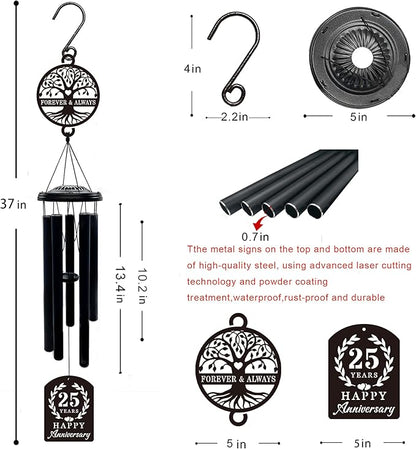 37'' 25th Anniversary Wind Chime Gifts, Silver Anniversary Keepsake Gifts Ideas, Happy 25th Decorations for Parents, Couples, Husband, Wife, Friends