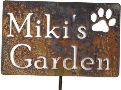 Classic Metal Garden Markers Clearance Items 20 to 33 Inches Tall (Miki's Garden with paw print 23", Naturally Rusted)