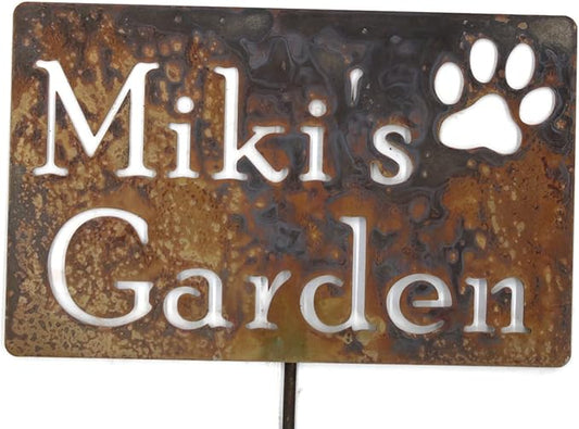 Classic Metal Garden Markers Clearance Items 20 to 33 Inches Tall (Miki's Garden with paw print 23", Naturally Rusted)