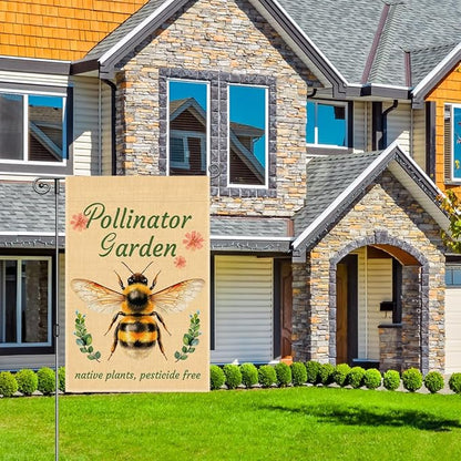 Perfectinsoy Pollinator Garden with Native Plants Pesticide Free Garden Flag, No Mow Sign, Pollinator Friendly Garden Sign, Welcome Yard Farmhouse Spring Outdoors Decor, Bee Lover Gifts for Gardeners