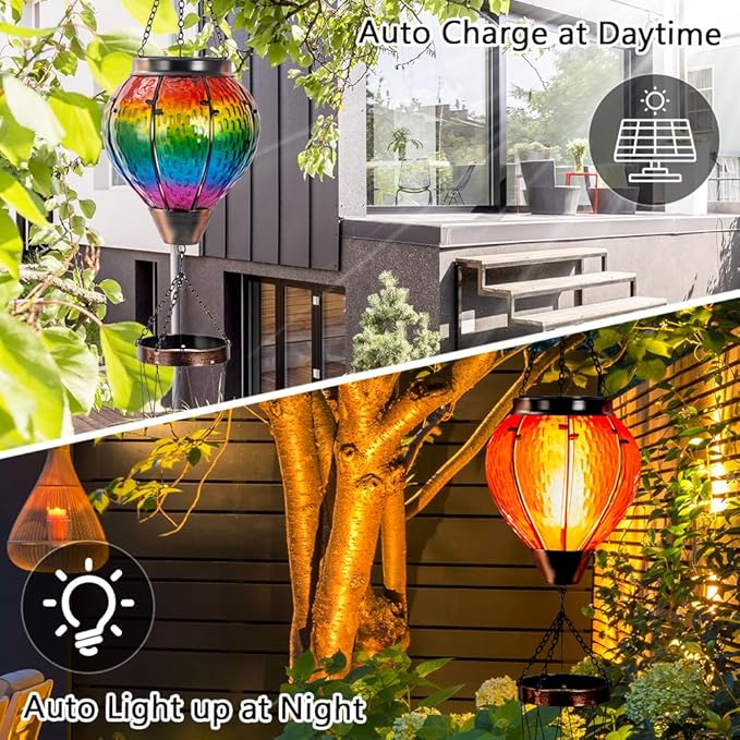 Starsoul Solar Wind Chimes for Outside, Rainbow Hot Air Balloon with Flickering Flame Solar Wind Chime, Glass Windchimes Outdoors Garden Decor, Gift for Mother's Day Mom Grandma