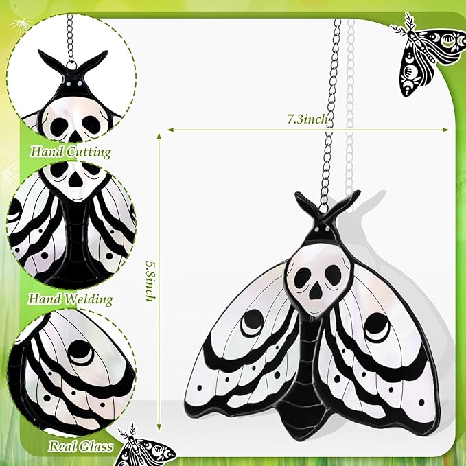 Yalikop 2 Pcs Death Moth Suncatcher Decoration Gothic Skull Stained Glass Window Hangings Decor Death Head Moth Butterfly Sun Catcher for Office Home Garden Windows Decor