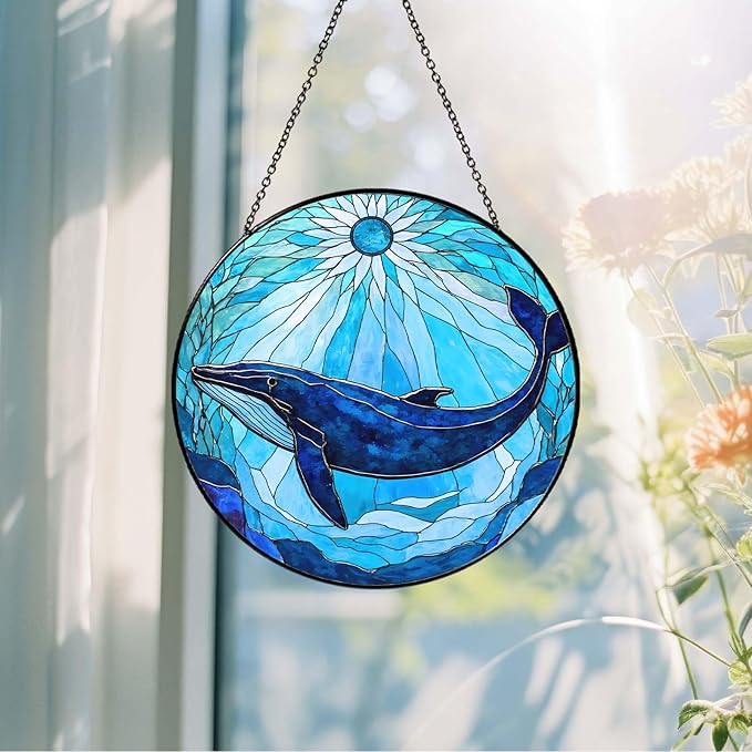 Whale Stained Glass Sun Catcher Window Hanging Whale Lovers Gifts for Women Handmade SunCatcher Decoration for Home Decor Gifts for Ocean Lover Sea Life Decor Beach 7.87inch