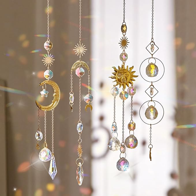 4PK Crystal Suncatcher for Windows Hanging Decor, Prism Sun Catcher with Chain and Hook, Rainbow Maker for Ceiling Garden Home Indoor Ornaments
