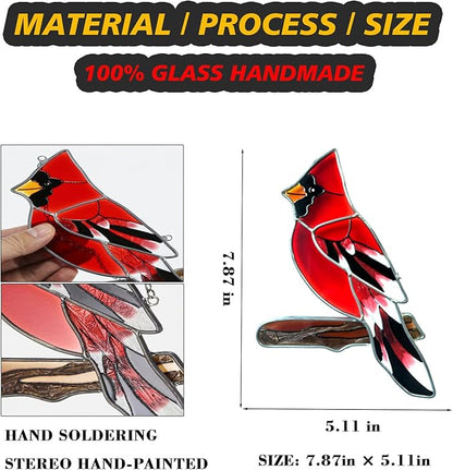 Hand Painted Red Cardinal Stained Glass on Branch Suncatcher Indoor Window Hanging Bird Ornament Garden Decor Cardinal Memorial Gifts for Women Bird Lovers Mom
