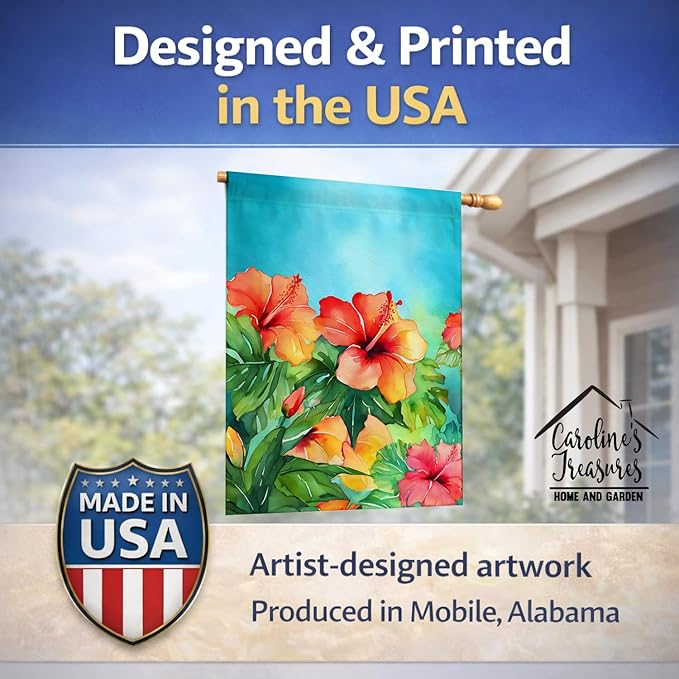 Caroline's Treasures Hawaii Hawaiian Hibiscus in Watercolor House Flag Large Porch Sleeve Pole Decorative Outside Yard Banner Artwork Wall Hanging, Polyester, House Size, Multicolor