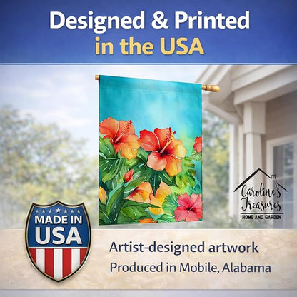 Caroline's Treasures Hawaii Hawaiian Hibiscus in Watercolor House Flag Large Porch Sleeve Pole Decorative Outside Yard Banner Artwork Wall Hanging, Polyester, House Size, Multicolor