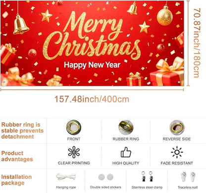 IVN Christmas Garage Door Cover Decoration 13x6ft Sparkling Gold Lettering Confetti Bells and Gifts Merry Christmas Winter Garage Door Banner Home Door Front Yard Decor for Xmas Eve Holiday Outdoor