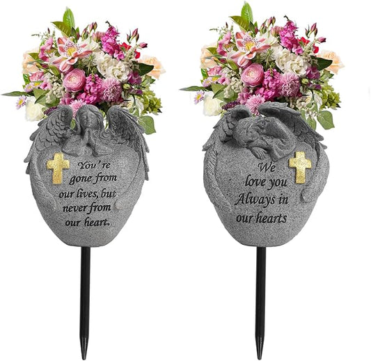 Angel and Cross Cemetery Grave Memorial Vases，Cemetery Flowers for Grave,Grave Decorations for Cemetery，Set of 2 Cemetery vases with Spikes,Memorial Gifts for Loss of Loved (2gary)
