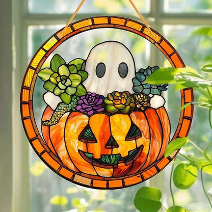 Halloween Pumpkin Ghost Acrylic Garden Cute Fall Suncatcher Decor Colorfu Glass for Wall Home, Garden, Housewarming Women Neighbor Thanksgiving Party Decor Gifts7.87inch