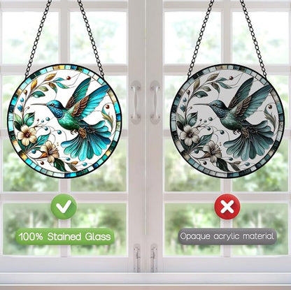 Hummingbird Suncatcher Stained Glass Window Hanging - 8″ Birds Flower Suncatchers for Windows Hanging - Handmade Sun Catchers Wall Decor Glass Panel - Valentines Day Gifts for Mom Grandma Bird Lovers