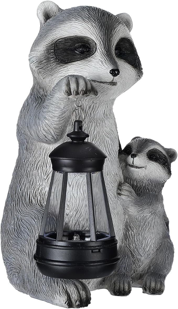 Pinkunn 9.5 Inch Solar Raccoon Family Garden Statues with LED Lights Home Decorations Outdoor Garden Raccoon Statue for Patio Balcony Yard Lawn Ornament Housewarming Birthday Gifts for Women