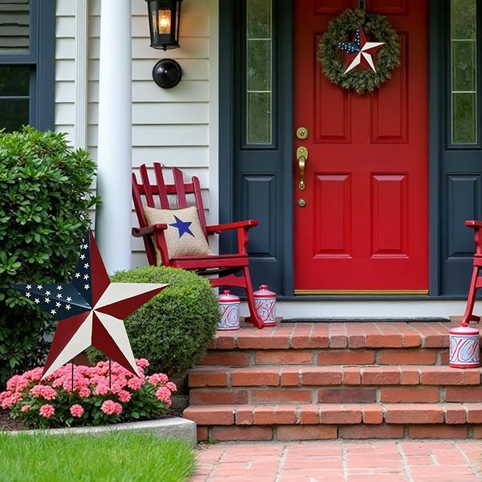 Metal Star Garden Stake 4th of July Yard Sign, Patriotic US Flag Barn Star Hanging Wall Decor for Front Porch Patio Lawn