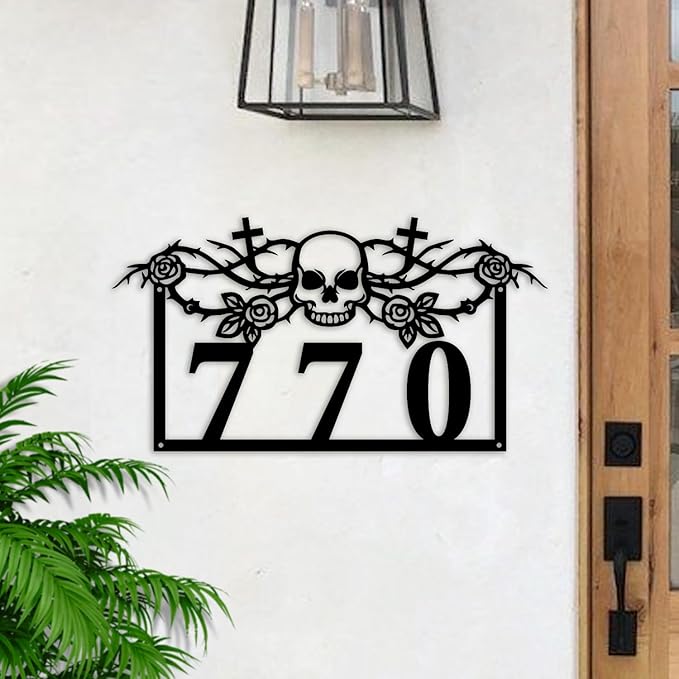 Personalized Gothic House Number metal Signs,Custom Address Number Metal Wall Art Decor,Black Plaques Outdoor wall Decorative Signage,Shed(8-30 Inches) (Rose Skull)