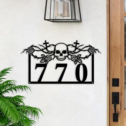 Personalized Gothic House Number metal Signs,Custom Address Number Metal Wall Art Decor,Black Plaques Outdoor wall Decorative Signage,Shed(8-30 Inches) (Rose Skull)