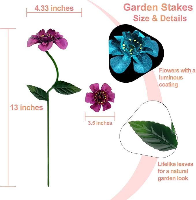 Glow-in-Dark Metal Flowers for Outside, 4 Pack Garden Stakes Waterproof, Angela Roses Yard Art, Decorative Garden Stakes for Lawn, Planters, Porch and Pathway