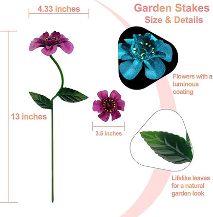 Glow-in-Dark Metal Flowers for Outside, 4 Pack Garden Stakes Waterproof, Angela Roses Yard Art, Decorative Garden Stakes for Lawn, Planters, Porch and Pathway