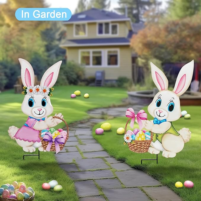 Easter Decorations Outdoor,2 Pack Metal Easter Egg Bunny Yard Signs for Outside,Cute Bunny Garden Stakes for Lawn,Yard,Rabbit Gifts for Women