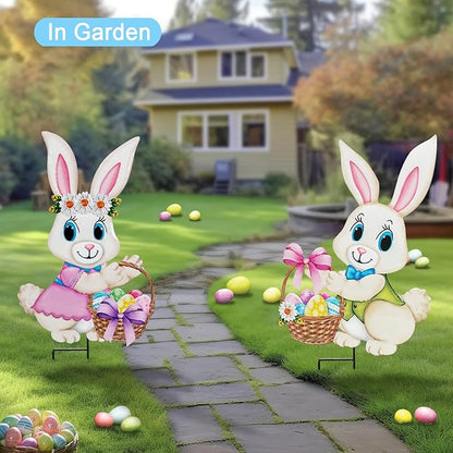 Easter Decorations Outdoor,2 Pack Metal Easter Egg Bunny Yard Signs for Outside,Cute Bunny Garden Stakes for Lawn,Yard,Rabbit Gifts for Women
