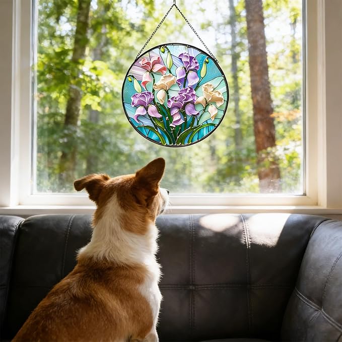 7.87" Iris Flower Stained Glass Window Hanging -Sun Catcher for Door Terrace Garden Home Decor, Green Plants Suncatcher Birthday Gifts for Mother's Day Teacher Dad Mom Nana