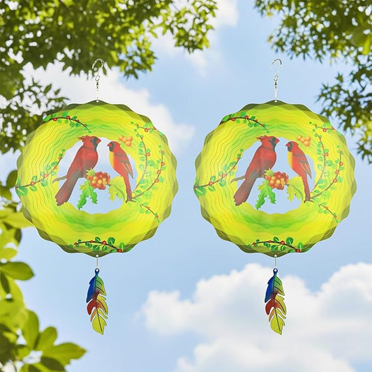 2 Pack Cardinal Wind Spinners Outdoor 12 Inch Hanging Wind Catchers Kinetic Sculpture 3D Stainless Steel Lawn Yard Garden Decor for Outside
