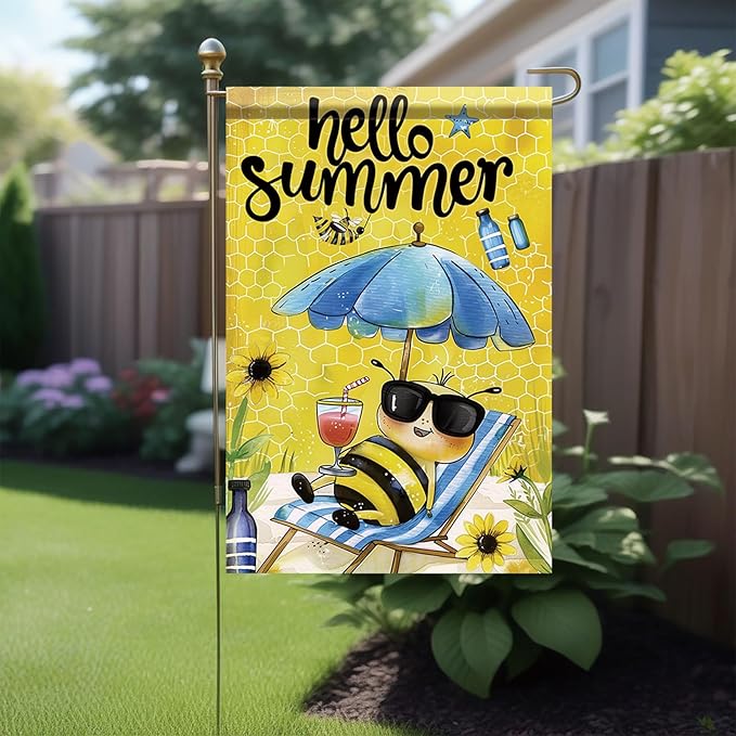 Summer Garden Flag 12x18 Inch Hello Summer Bee Honeycomb Beach Chair Sunglasses Cute Cartoon Design Outdoor Yard Porch Lawn Patio for Seasonal Farmhouse Home Decor
