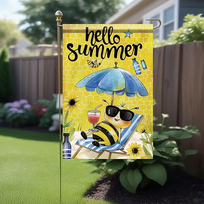 Summer Garden Flag 12x18 Inch Hello Summer Bee Honeycomb Beach Chair Sunglasses Cute Cartoon Design Outdoor Yard Porch Lawn Patio for Seasonal Farmhouse Home Decor