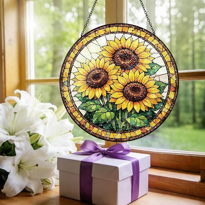 Sunflower Stained Glass Window Hanging - Round Floral Suncatcher with Chain, Colorful Glass Ornament for Home Garden Window Decor Gift, 8 Inch
